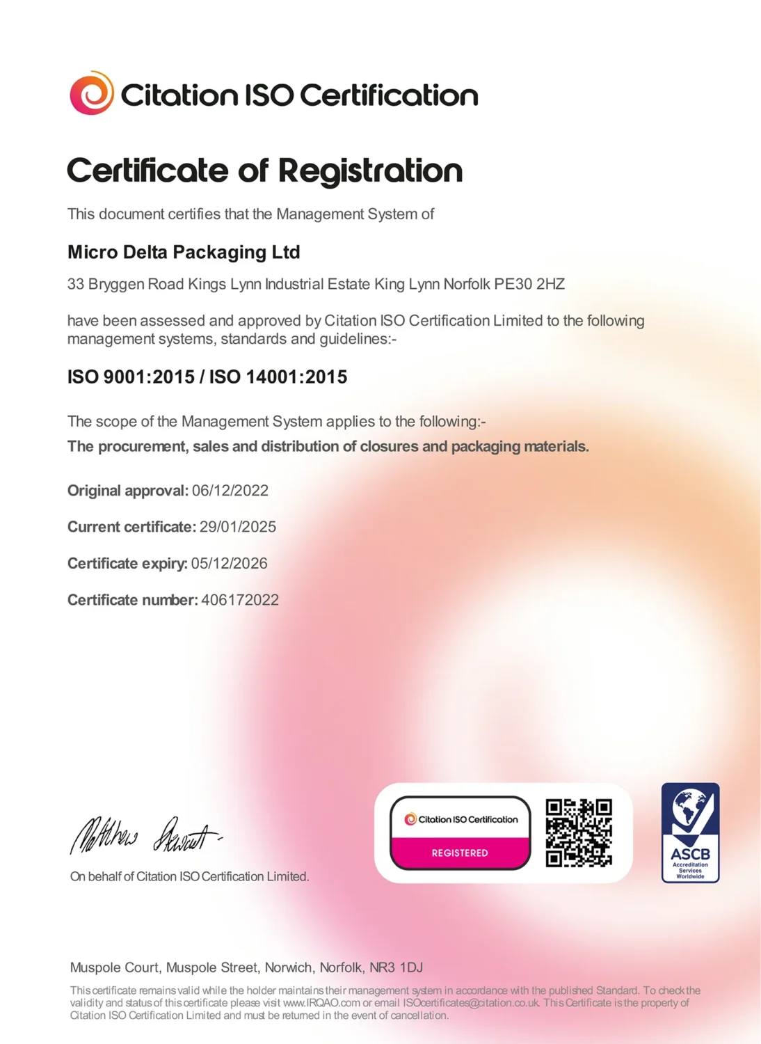 IMS ISO 9001 2015 and ISO 14001 2015 -Certificate Micro Delta Packaging 2025